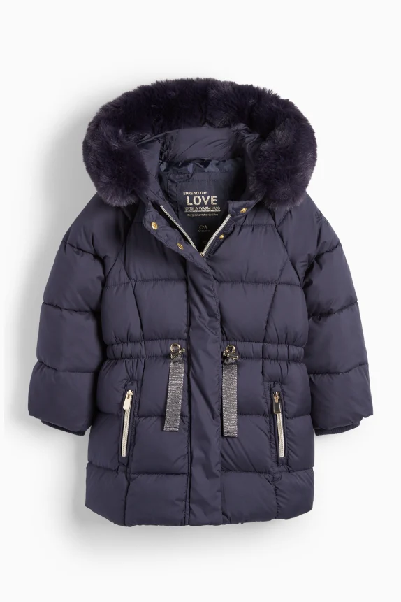 Quilted jacket with hood and faux fur trim - water-repellent dark blue