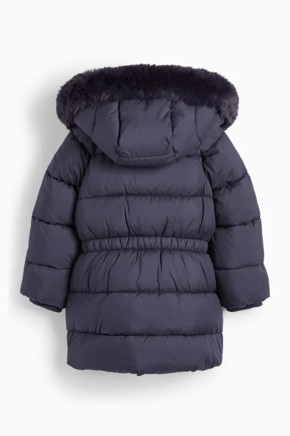 Quilted jacket with hood and faux fur trim - water-repellent dark blue