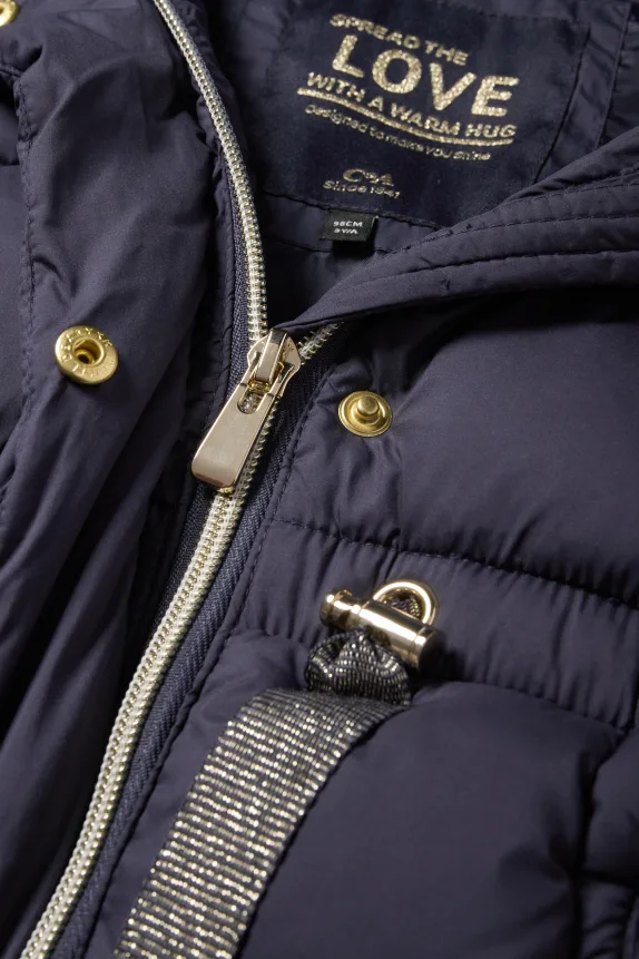 Quilted jacket with hood and faux fur trim - water-repellent dark blue