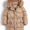 Quilted jacket with hood and faux fur trim - water-repellent beige