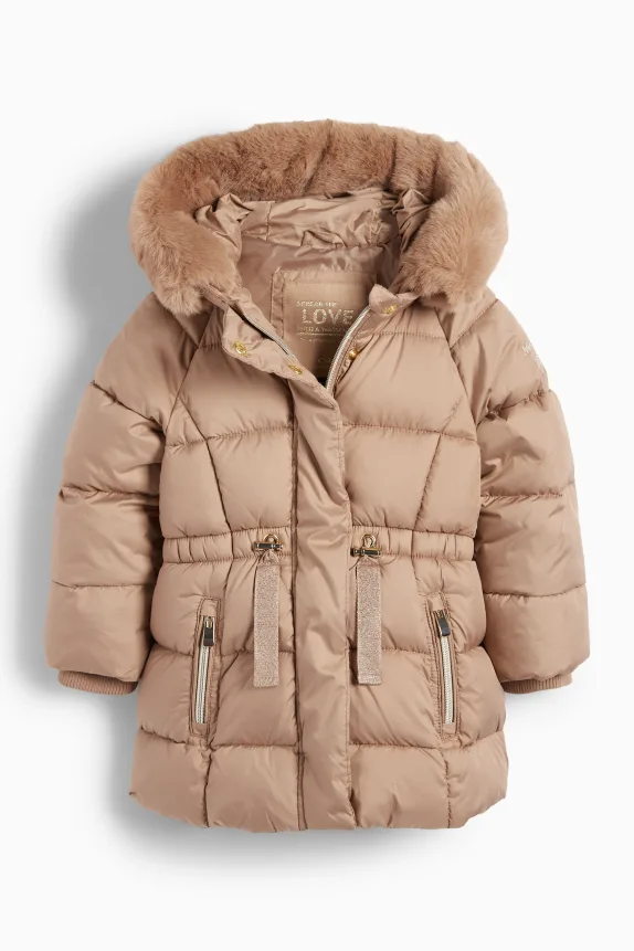 Quilted jacket with hood and faux fur trim - water-repellent beige
