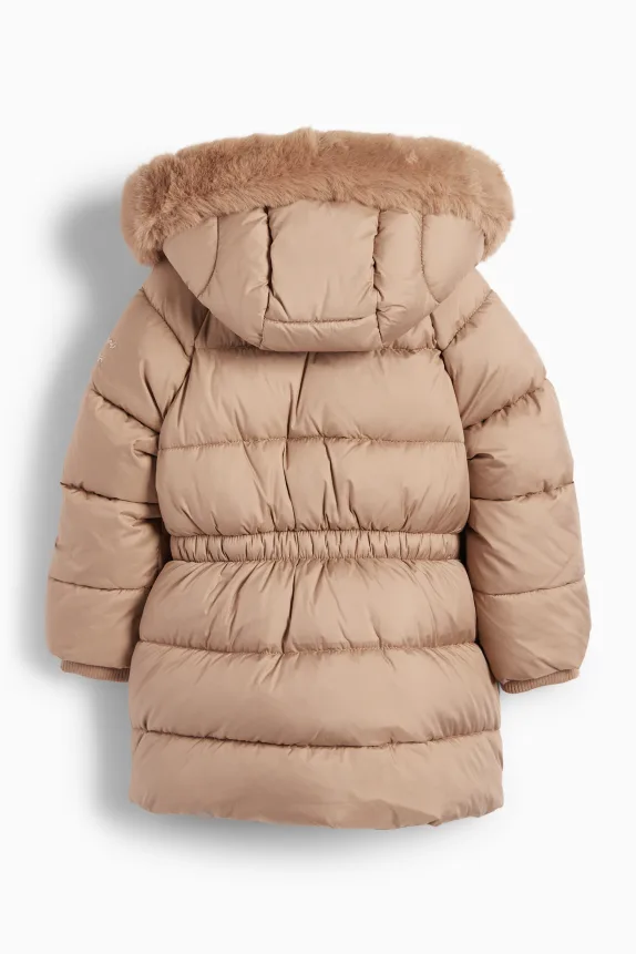 Quilted jacket with hood and faux fur trim - water-repellent beige