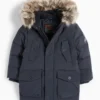 Down jacket with hood and faux fur trim dark blue