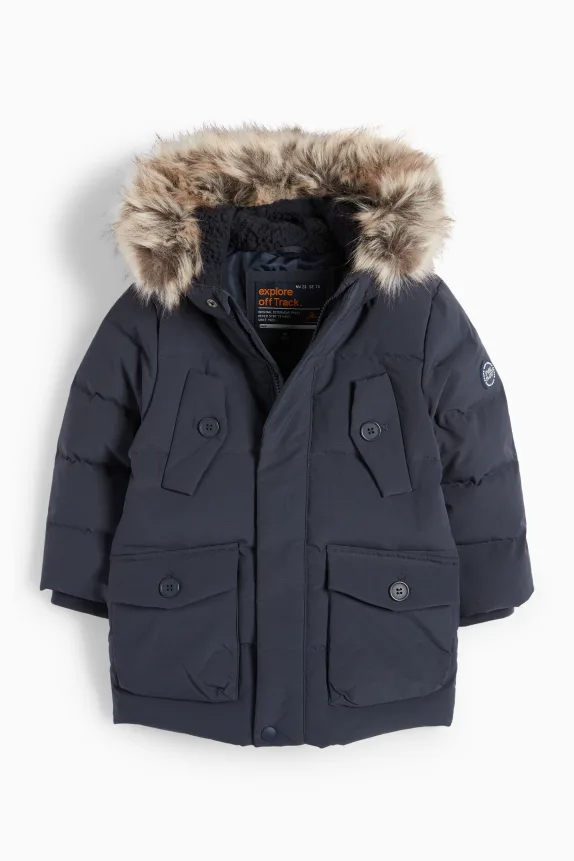 Down jacket with hood and faux fur trim dark blue