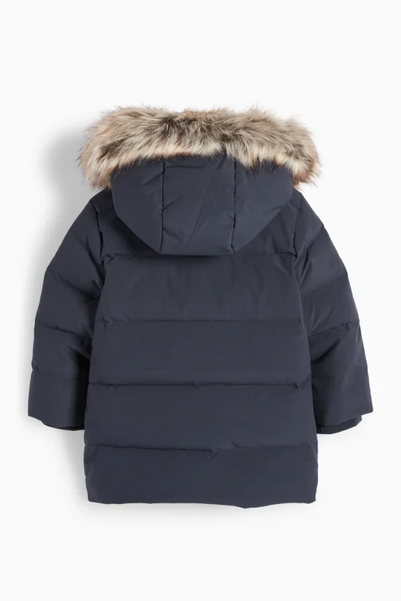 Down jacket with hood and faux fur trim dark blue