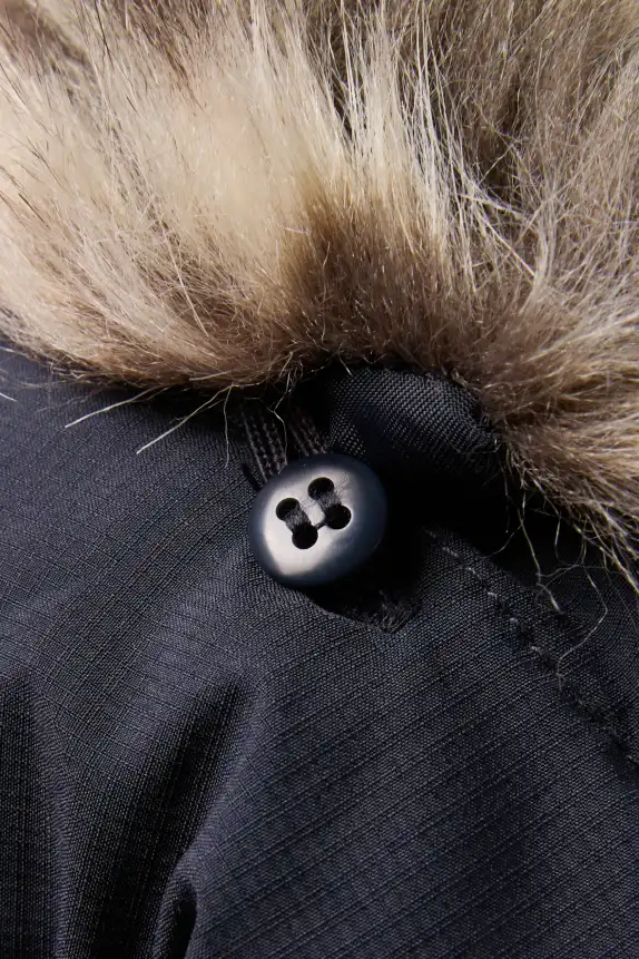 Down jacket with hood and faux fur trim dark blue