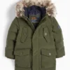 Down jacket with hood and faux fur trim khaki