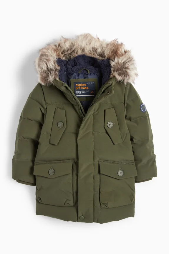 Down jacket with hood and faux fur trim khaki