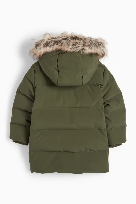 Down jacket with hood and faux fur trim khaki