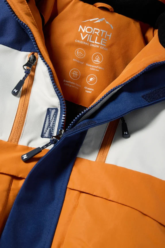 Ski jacket with hood - waterproof orange / blue
