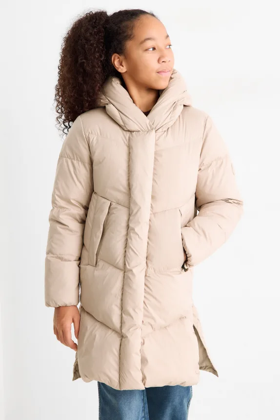 Down coat with hood light beige