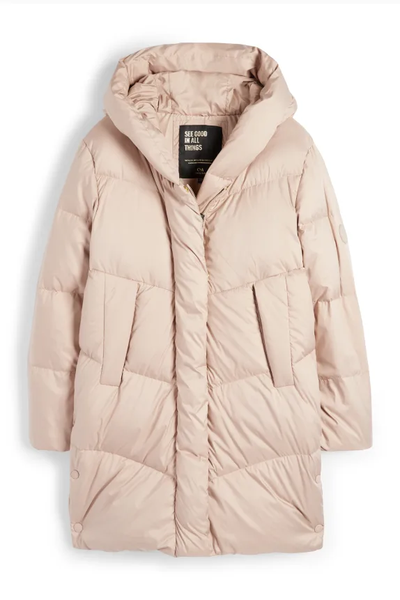Down coat with hood light beige