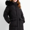 Down jacket with hood and faux fur trim black