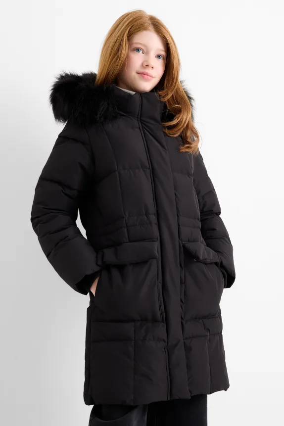 Down jacket with hood and faux fur trim black