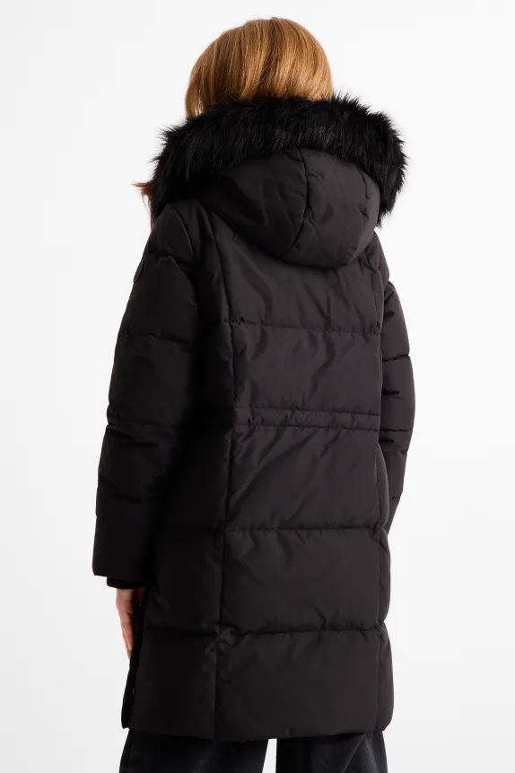 Down jacket with hood and faux fur trim black