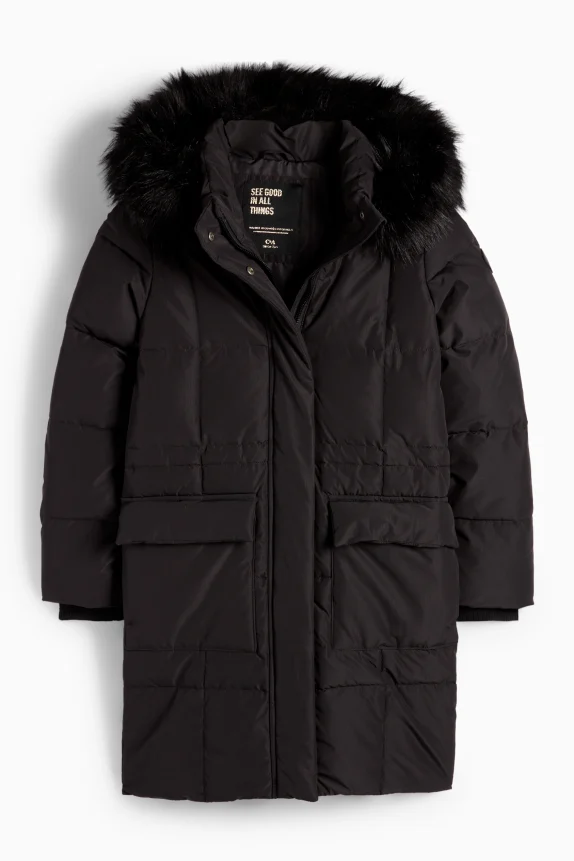 Down jacket with hood and faux fur trim black