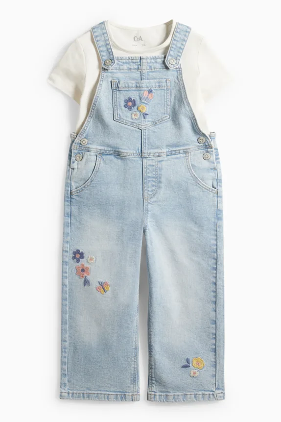 Floral - set - short sleeve T-shirt and denim dungarees - 2 piece denim-light blue