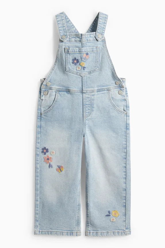 Floral - set - short sleeve T-shirt and denim dungarees - 2 piece denim-light blue