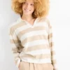 Long sleeve polo shirt - knitted - striped white / beige