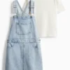 Set - short sleeve T-shirt and denim pinafore dress - 2 piece dark gray / light gray