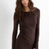 Long sleeve top - slim fit - ribbed dark brown