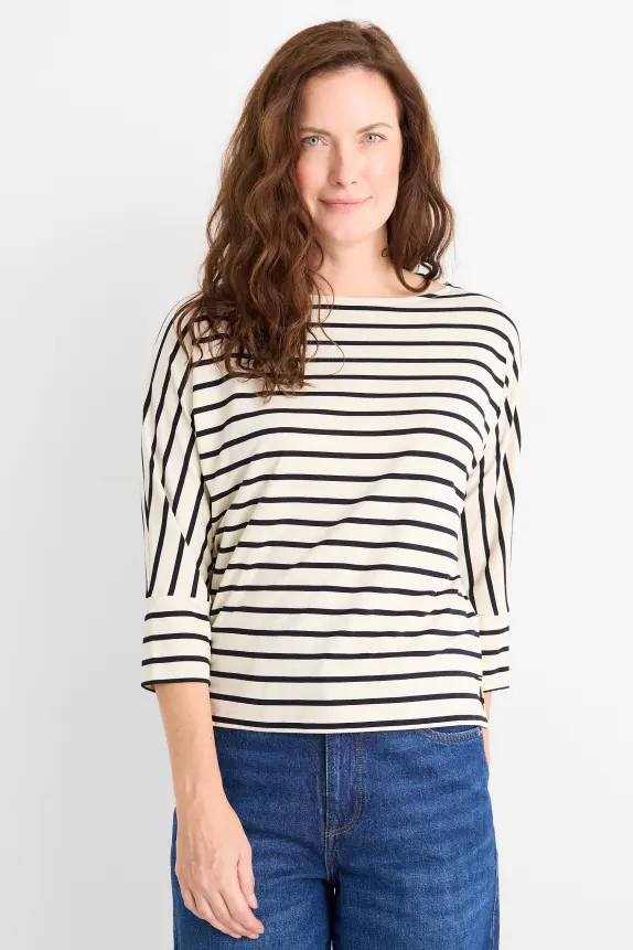 Long sleeve top - regular fit - striped black / beige