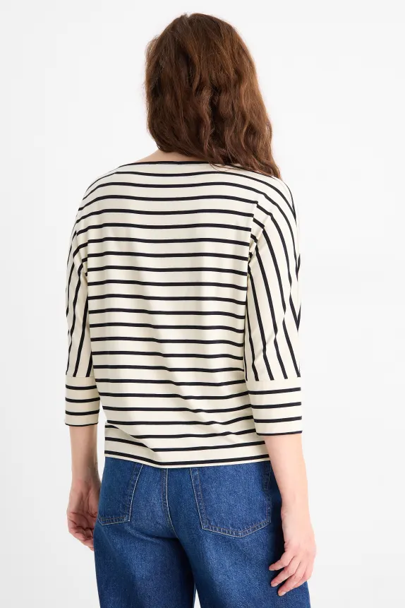 Long sleeve top - regular fit - striped black / beige