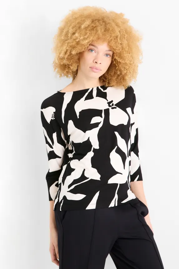 Long sleeve top - regular fit - floral black / white