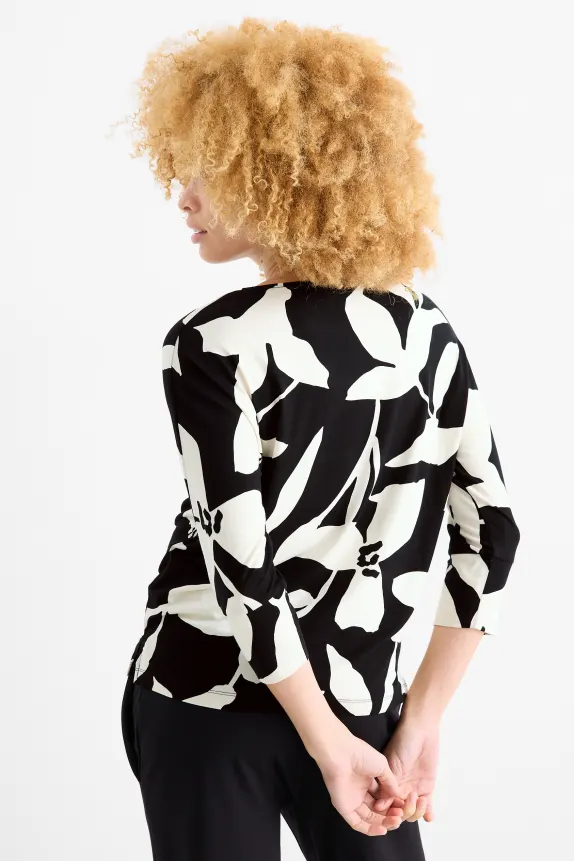 Long sleeve top - regular fit - floral black / white