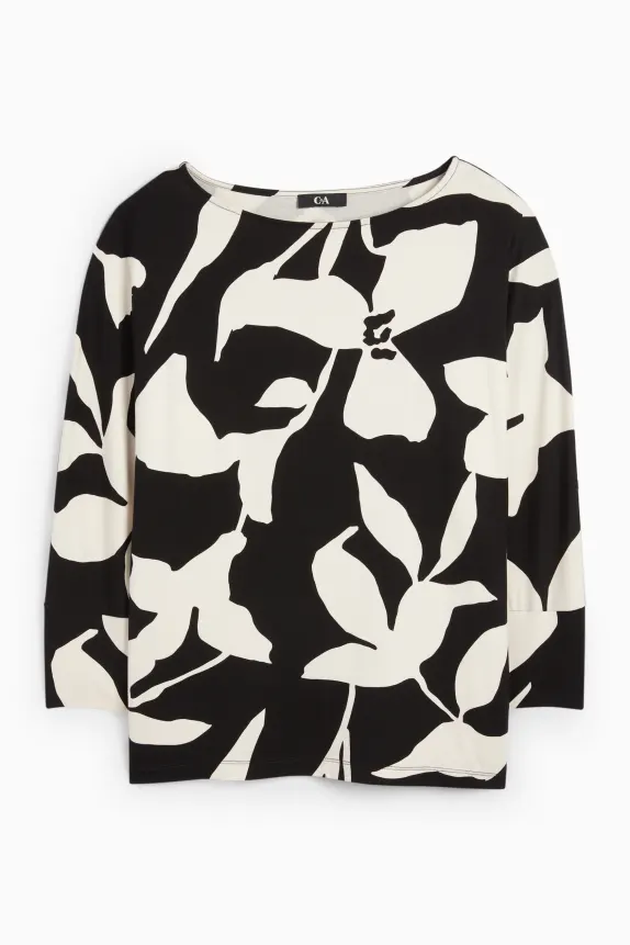 Long sleeve top - regular fit - floral black / white