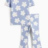 Floral - set - short sleeve T-shirt and flared leggings - ribbed blue / white