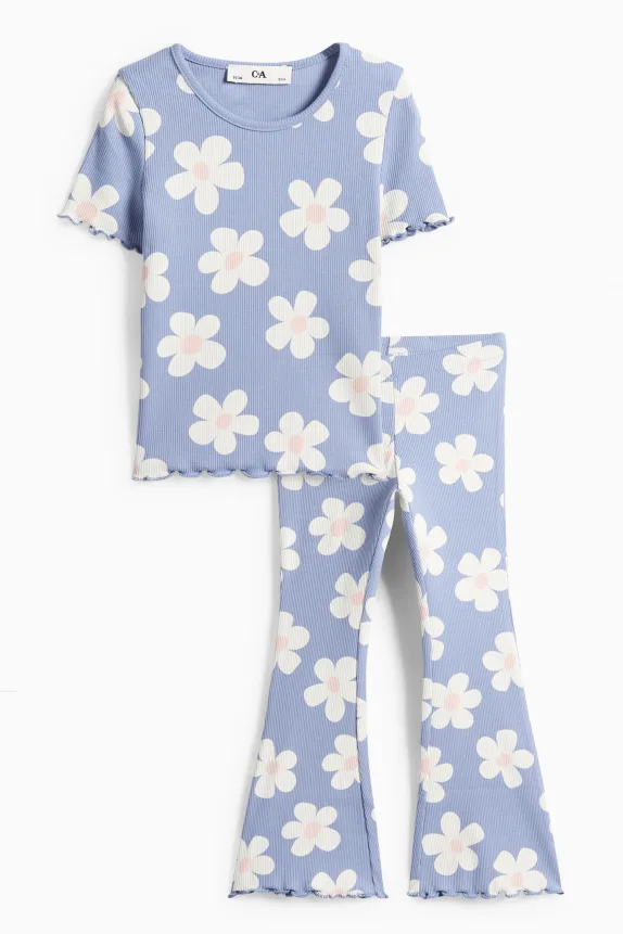 Floral - set - short sleeve T-shirt and flared leggings - ribbed blue / white