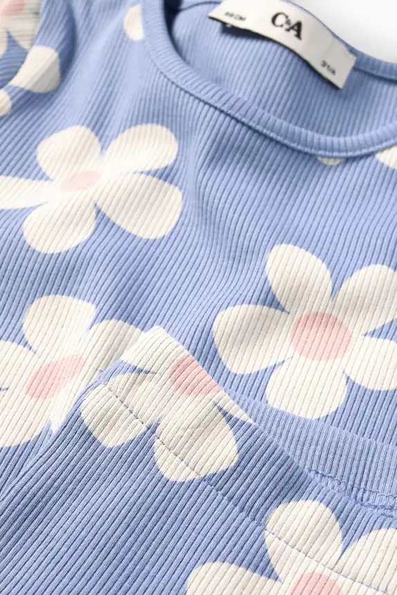 Floral - set - short sleeve T-shirt and flared leggings - ribbed blue / white