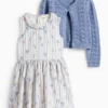 Floral - set - dress and cardigan - 2 piece blue / white