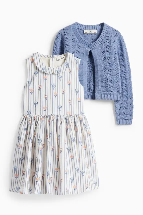 Floral - set - dress and cardigan - 2 piece blue / white
