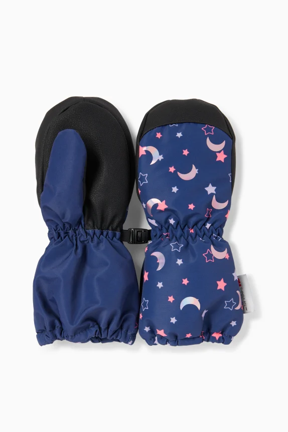 Moon and star - ski mittens - waterproof dark blue