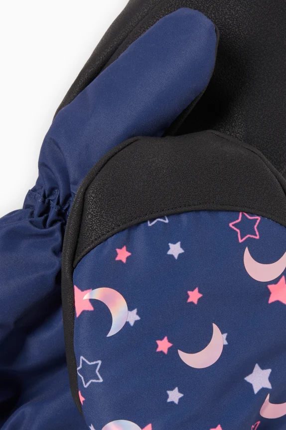 Moon and star - ski mittens - waterproof dark blue