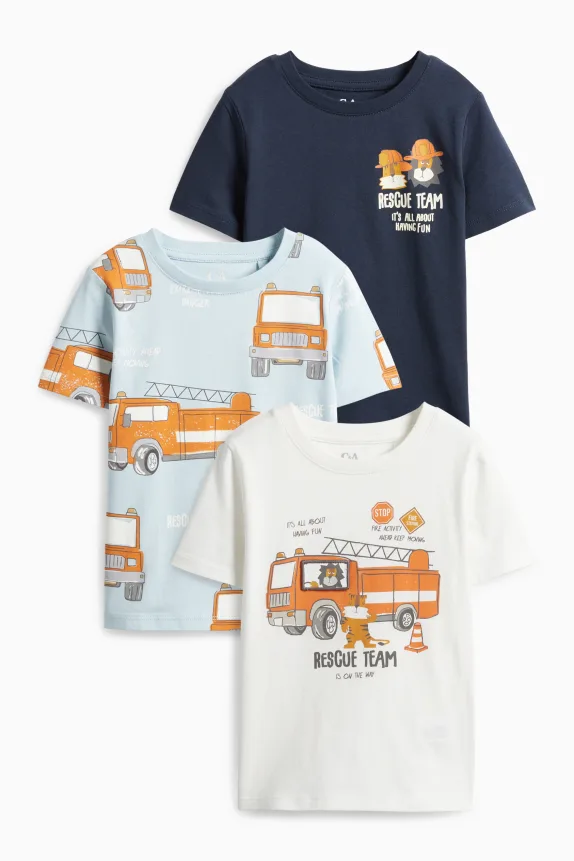 Multipack of 3 - lion, tiger and fire engine - short sleeve T-shirt blue / white