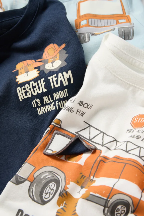 Multipack of 3 - lion, tiger and fire engine - short sleeve T-shirt blue / white