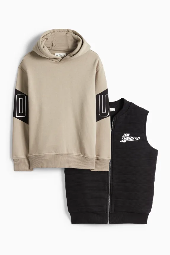 Set - hoodie and quilted gilet - 2 piece black / beige