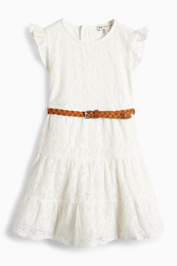 Floral - dress with belt - party white