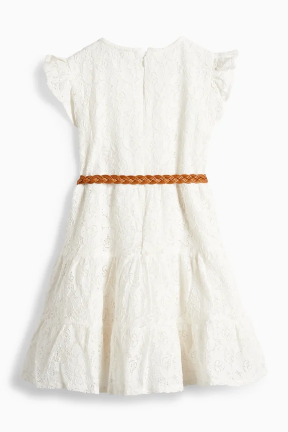 Floral - dress with belt - party white