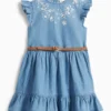 Floral - dress with belt - denim look denim-light blue