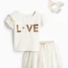 Set - short sleeve T-shirt, skirt and scrunchie - 3 piece cremewhite