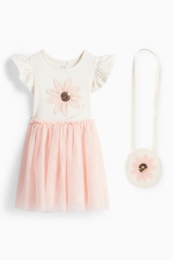 Floral - set - dress and bag - 2 piece - shiny white / rose