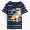 Dino and vehicles - short sleeve T-shirt - striped dark blue