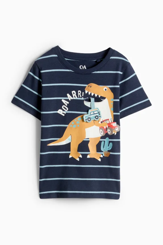 Dino and vehicles - short sleeve T-shirt - striped dark blue
