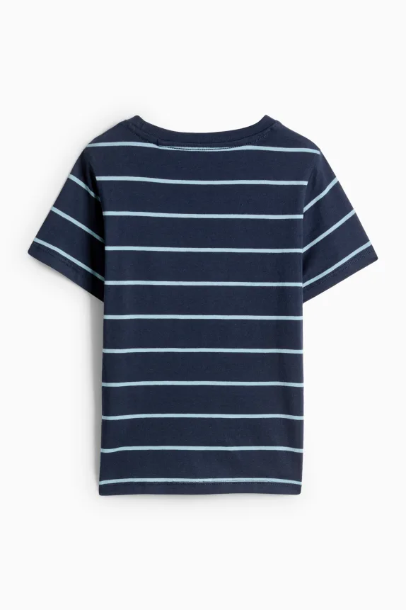 Dino and vehicles - short sleeve T-shirt - striped dark blue