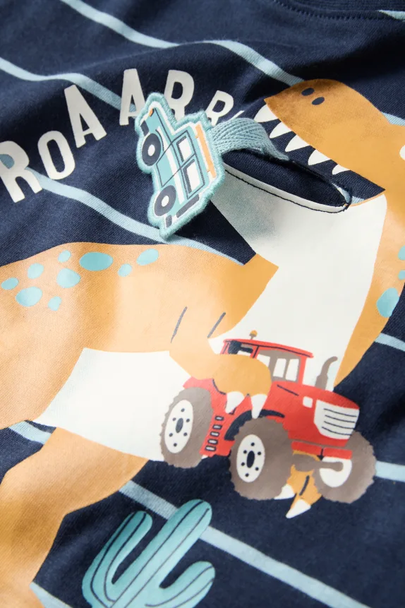 Dino and vehicles - short sleeve T-shirt - striped dark blue