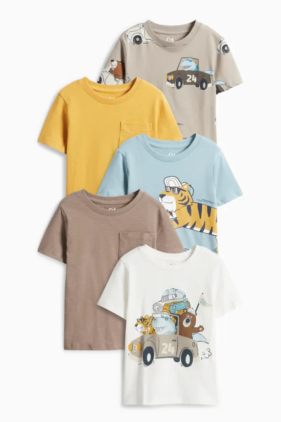 Multipack of 5 - tiger, bear and dino - short sleeve T-shirt white / beige